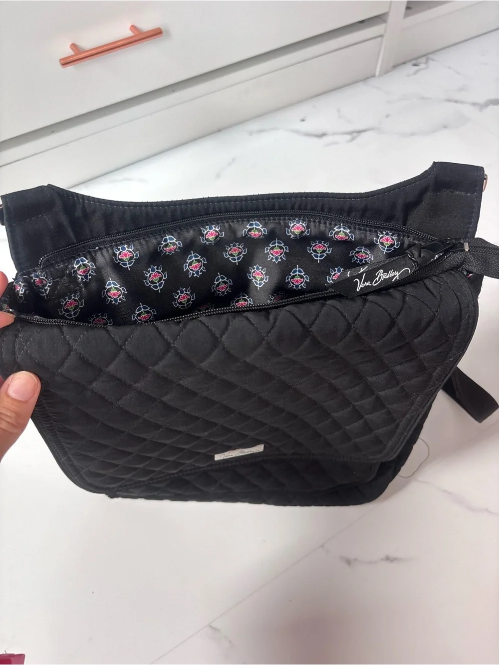 Vera Bradley Blooming Flowers Black Quilted Crossbody Messenger Travel Bag Purse